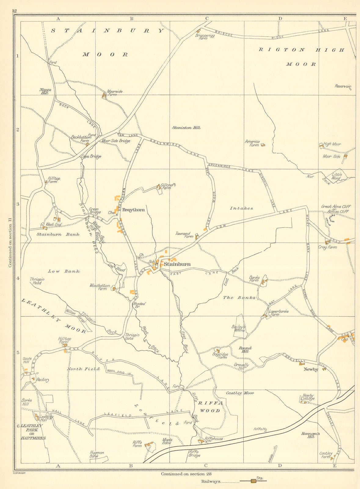 YORKSHIRE Stainbury Moor Stainburn Riffa Wood Newby Braythorn Huby 1935 map